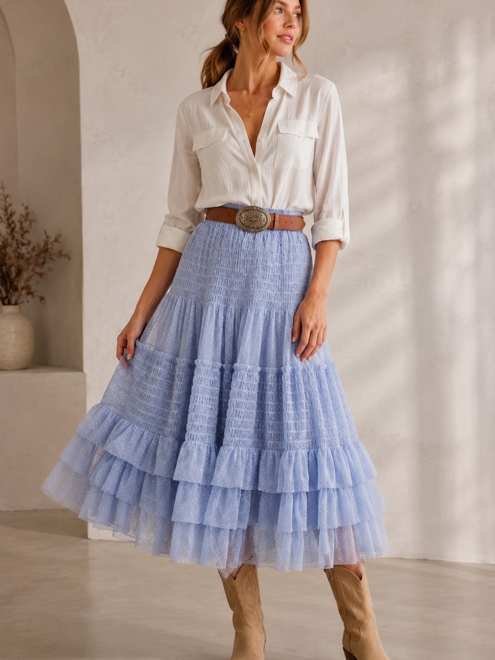 Maeve Anthropologie Blue Swiss Dot Tiered Tulle Midi Skirt XS Balletcore